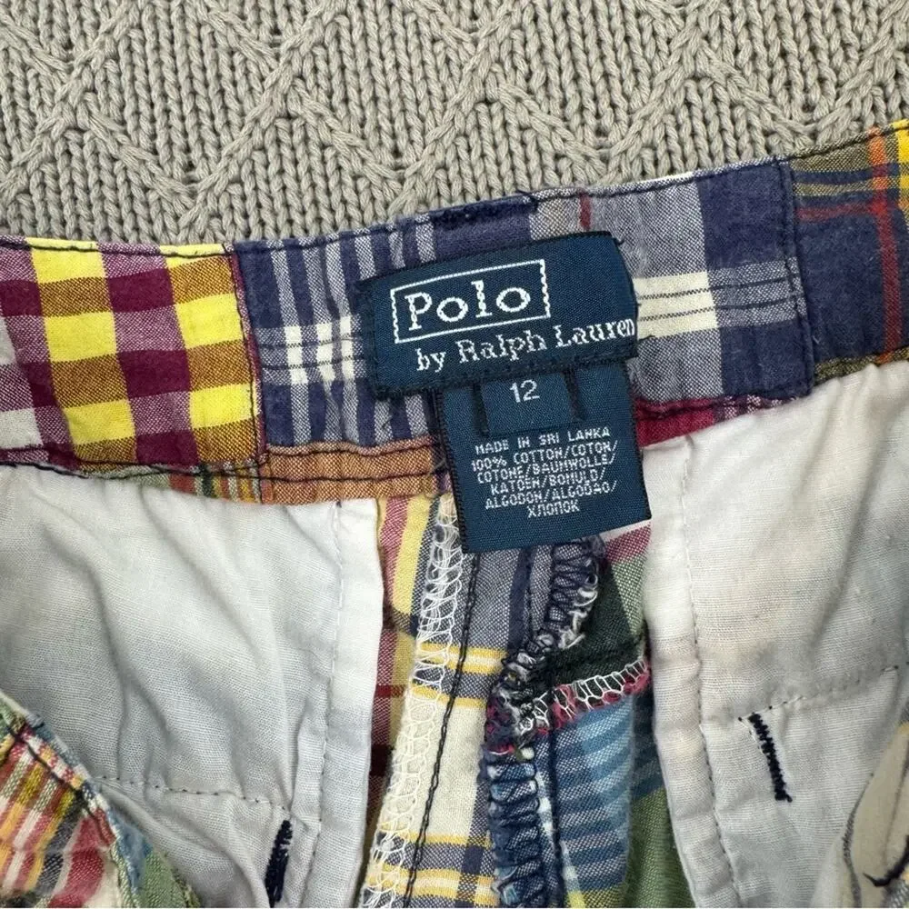 Ralph Lauren Vintage 90s Madras Patchwork Multicolor Plaid Kids Shorts ~ 12